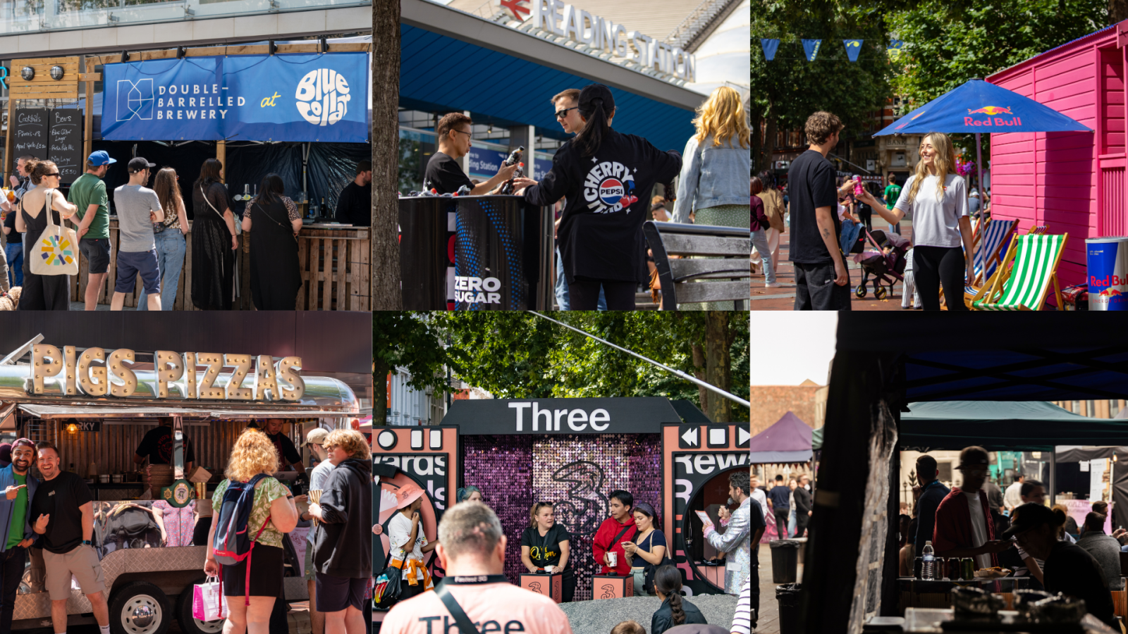 Collage of six images showing promotional brands, brand activation and sampling activity in Reading town centre